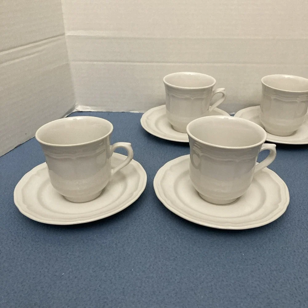 Stoneware Country White French Country Design Coffee Cup with Saucer - Set of‎ 7